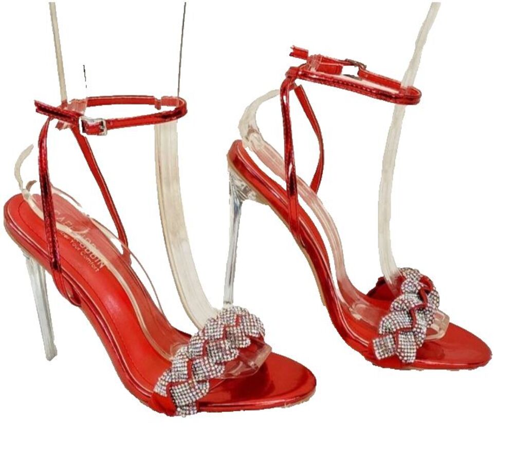 Cape Robbin Evans Red Rhinestone Lucite Heels Ankle Strap Womens 8 - Picture 3 of 10